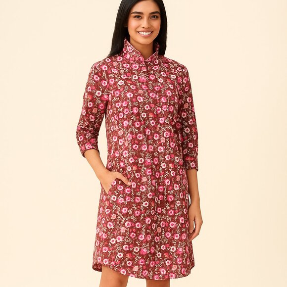 J. Mclaughlin Berlin Shirt Dress in Mountain Floral Pink/Coffee 100% Cotton - Picture 2 of 8